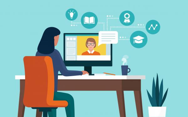 instructor teaching on screen while student learns from home