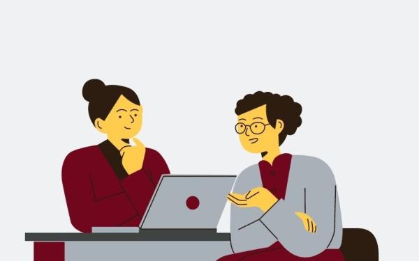 Graphic image of cartoon people looking at a laptop computer together